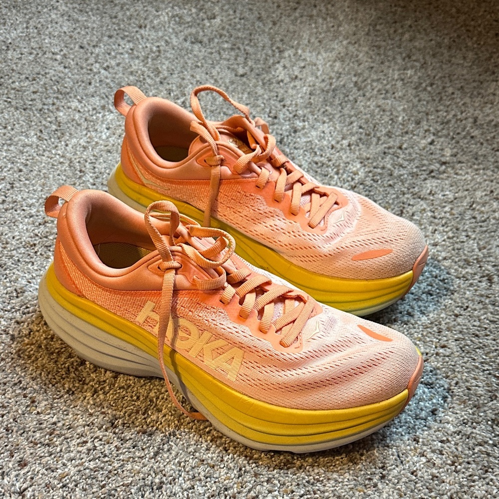 Hoka Women's Coral and Yellow Athletic Shoes